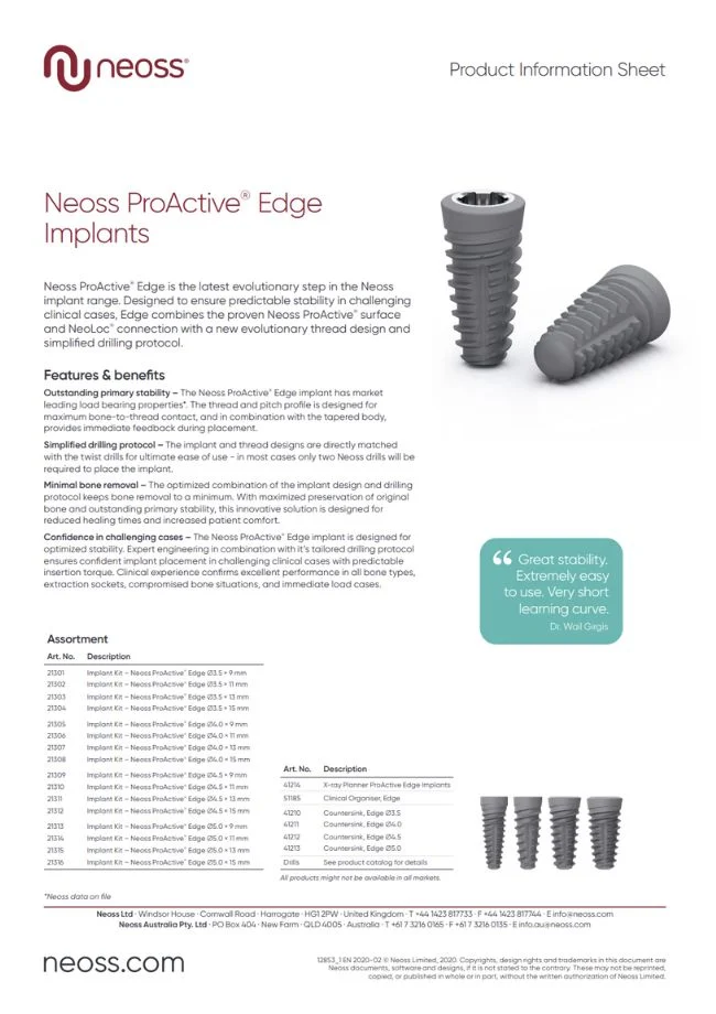 Product sheet: Neoss ProActive Edge Implants 