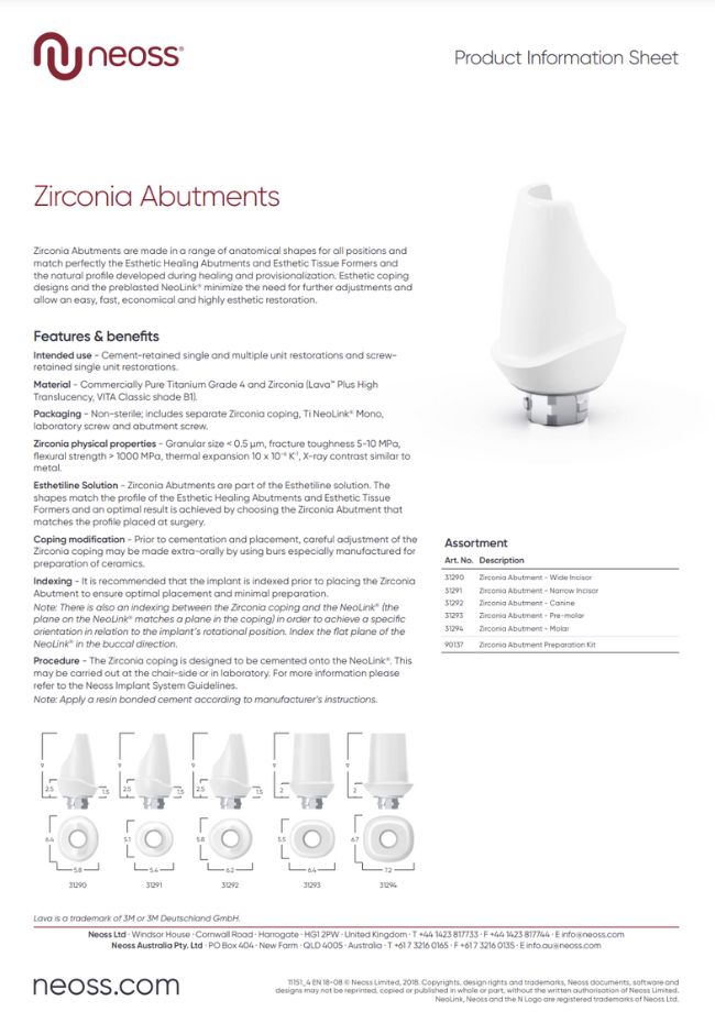 Zirconia Abutments Product sheet
