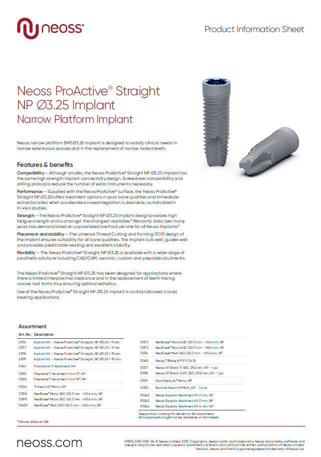 Product Sheet: Neoss ProActive® Straight NP ∅3.25 Implant