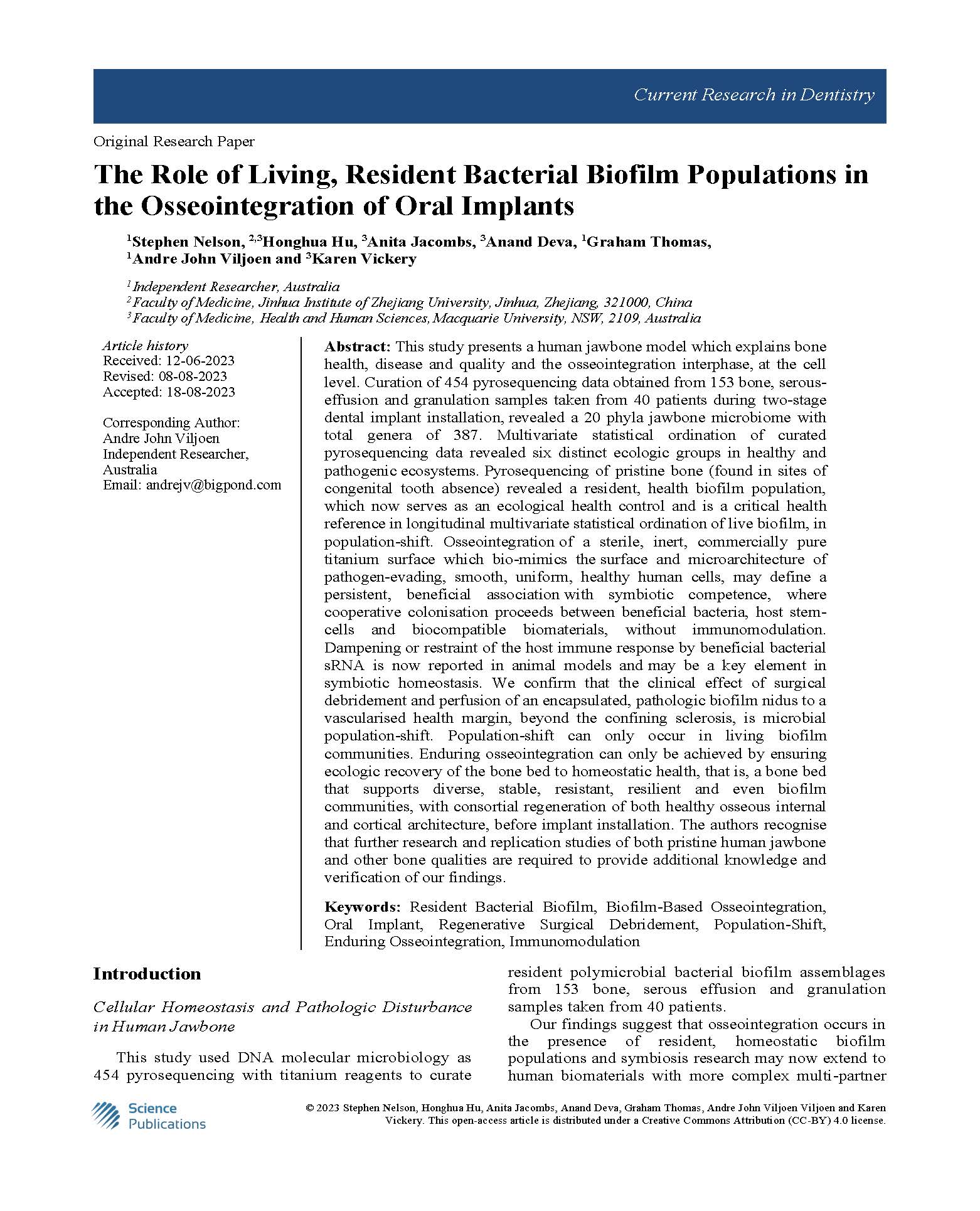 The Role of Living, Resident Bacterial Biofilm Populations in the Osseointegration of Oral Implants 2023